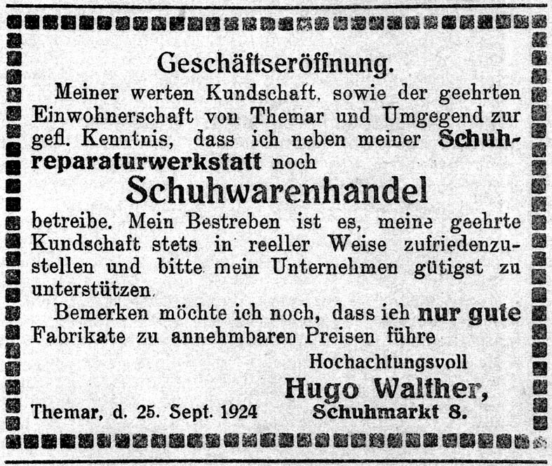 Hugo Walther - Anzeige Eröffnung Schuhwarenhandel 1924